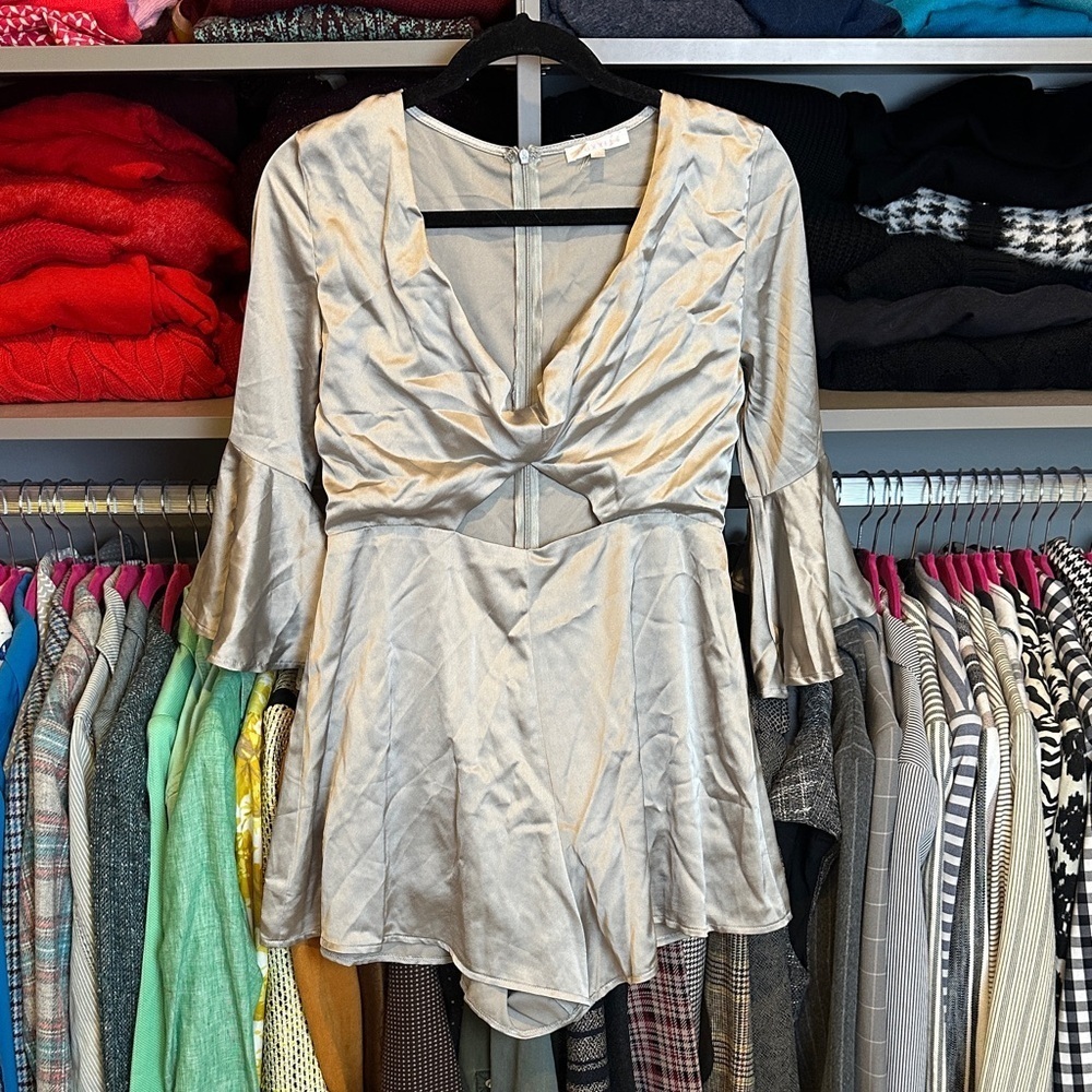 Luxxel silver satin 3/4 sleeve back zipper closure front cut out romper size M